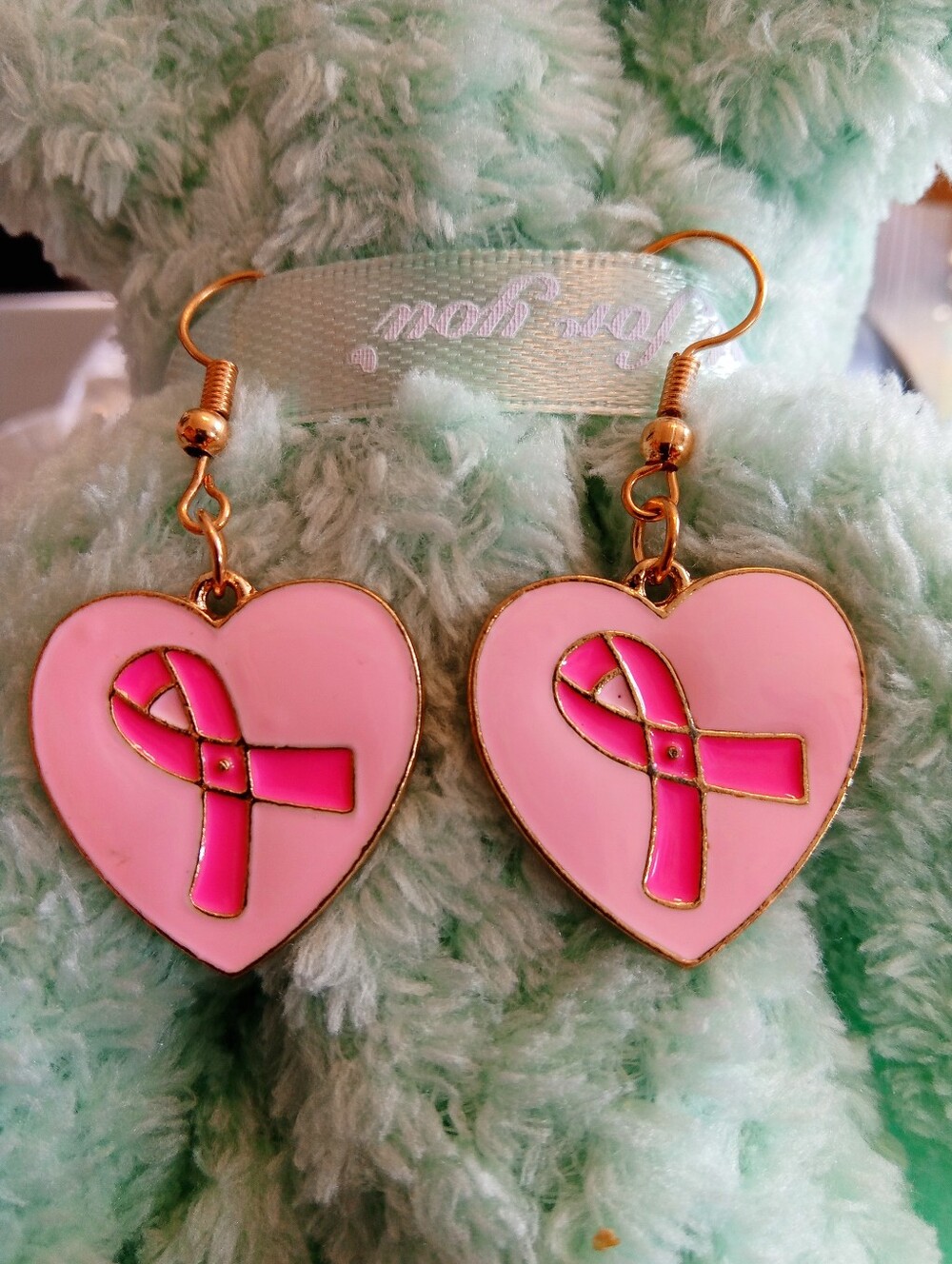 Pink Heart Ribbon Dangle Earrings - Breast Cancer Awareness